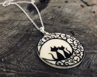 Cat love pendant. Cat charm necklace, pin or earrings. Cat talisman. Moon necklace. Hand painted. Unique friendship and love token.