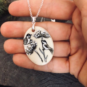 Bird necklace, earrings or pin. Love birds talisman. Birds dandelion  pendant. Hand painted. Unique friendship and love token. Nature gift.