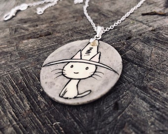Wizard cat with hat. Unique cat hand painted pendant, pin or earrings. Witch cat talisman Handmade necklace Special friendship and love gift