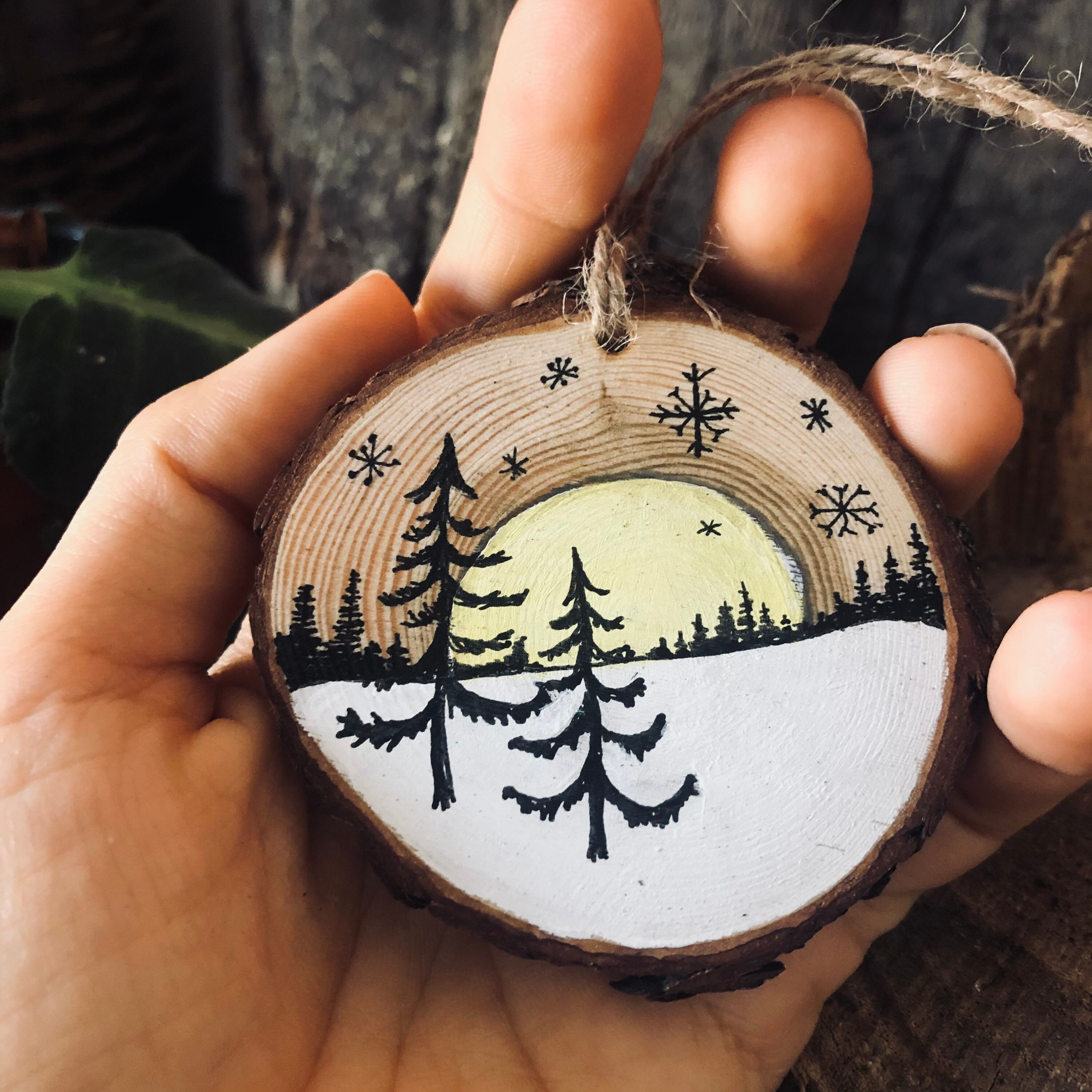 Christmas Tree Ornament. Hand Painted Wood Slice Holiday