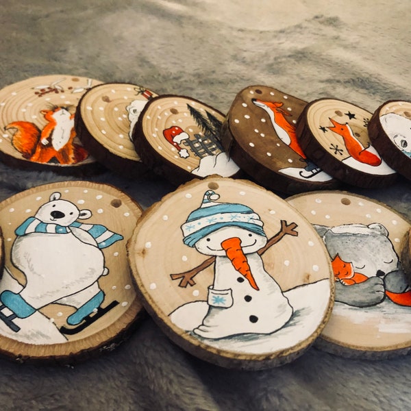 Christmas tree wood ornaments. Hand painted special wood slices decorations. Unique Xmas gift for kids, baby, family, friends.