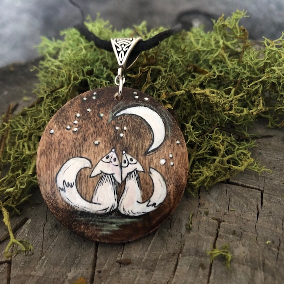 Hand-painted Wolves and Moon, Wooden Pendant for Lovers and Lovers