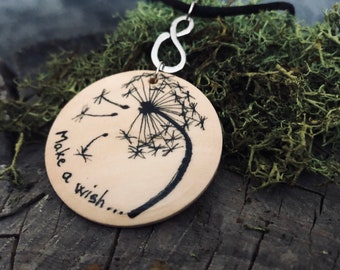 Dandelion seed necklace. Make a wish hand-painted wood pendant