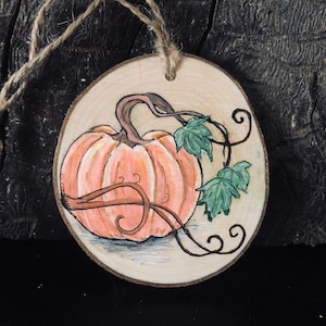 Fall pumpkin and leaves hand painted wood slice ornament, autumn design. House warming gift, home decor, season decoration