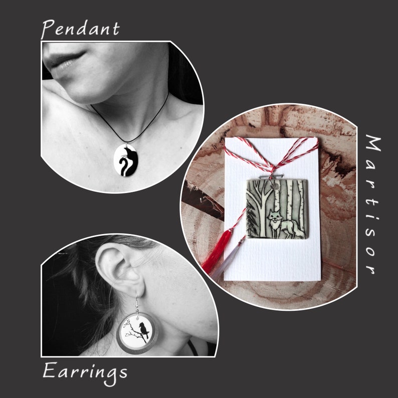 May include: Black and white pendant necklace with a cat design. A pair of earrings with a bird on a branch design. A pendant with a forest and fox design. The word "Pendant" and "Earrings" are in the image. The word "Martisor" is in the image.