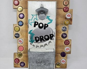 Rustic Wall Mounted Bottle Opener with Cap Catcher for Man Cave or Home Bar