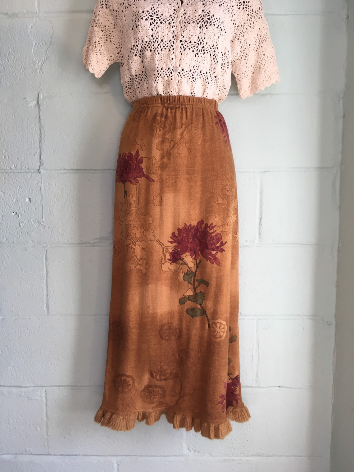 Burnt Orange Floral Maxi Skirt with Ruffle Bottom size S/M Etsy