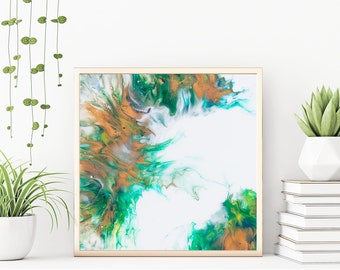 Peinture acrylique originale avec finition résine, vert et cuivre 10 « x10 »