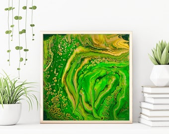 Peinture acrylique 12 « x12 » sur panneau de bois + finition résine, vert jungle