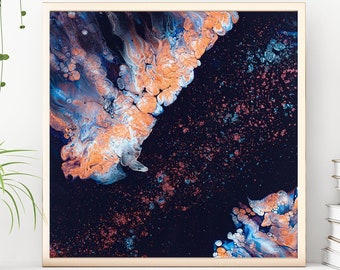 Peinture acrylique originale de 12 « x12 » sur panneau de bois + finition résine, bleu marine avec cuivre et paillettes