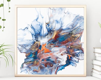 Peinture coulée originale sur panneau de bois, 12 « x12 » blanc bleu et cuivre
