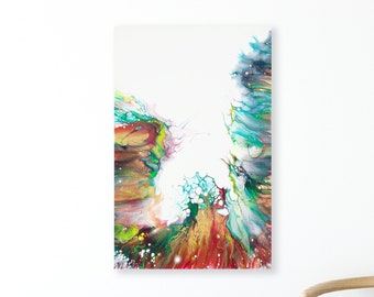 Peinture acrylique sur toile, 10 « x15 » vert sarcelle rouge et or