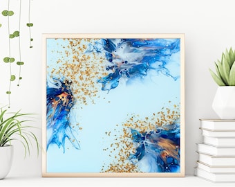 Peinture acrylique originale de 12 « x12 » sur panneau de bois + finition résine, bleu bébé avec paillettes dorées