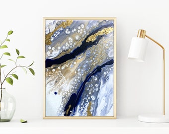 16 « x20 » Peinture acrylique originale sur toile à vendre, bleu marine or gris et blanc w / paillettes