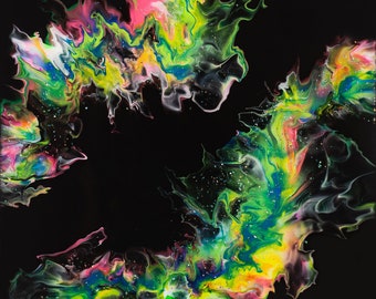 Peinture acrylique sur toile 20"x20 » avec résine et paillettes irisées, noir et néon 1992