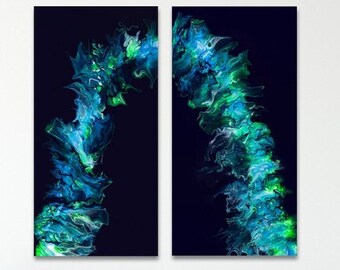 Diptyque 12"x24 » Acrylique pour peinture sur panneau de bois, bleu foncé et vert néon
