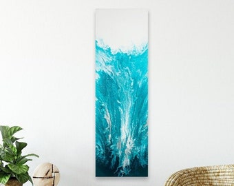 36"x12 » Peinture Acrylique Originale sur Toile à Vendre, Argent Turquoise et Blanc