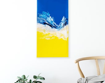 20 « x10 » UKRAINE Painting Fundraiser, Peinture acrylique originale avec résine, bleu et jaune