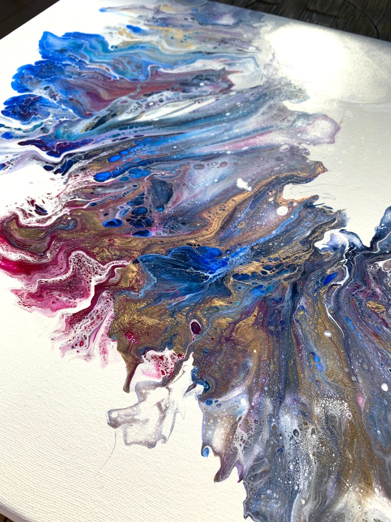 20x20 Original Acrylic Pour Painting on Canvas For Sale Blue Violet Bronze and White