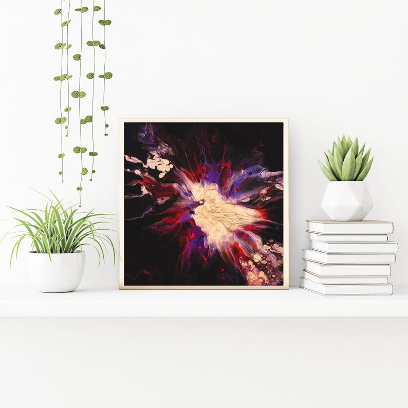 12x12 Original Acrylic Pour Painting on Canvas For Sale and Copper Red Black Galaxy Inspired with Electric Purple