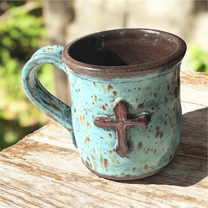 Hand Thrown Stoneware Mug: Robin’s Egg Glaze & Copper Cross, 8 oz.