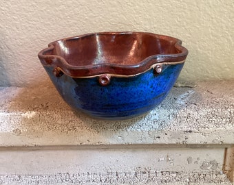 Ocean Blue and Copper Fluted Small Bowl with Embellishments