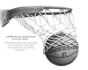 May include: A black and white drawing of a basketball going through a hoop. The basketball has the text "AARON MCNABB #3" on it. The text below the hoop reads "CHHS Tigers Basketball Class of 2020" and "Champions don't show up to get everything they want; they show up to give everything they have."