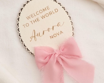 Personalized Baby Name Announcement Sign, Wooden Newborn Photo Prop with Bow