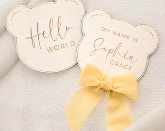 Teddy Bear Baby Announcement Plaque Set - Hello World My Name Is Announcement Plaques