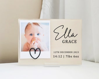 Personalised Baby Birth Details Plaque and Photo Holder - Custom Birth Announcement Sign - New Born Reveal Sign - New Baby Name Sign