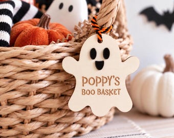 Personalised Ghost Boo Basket Tag, Halloween Basket Name Tag