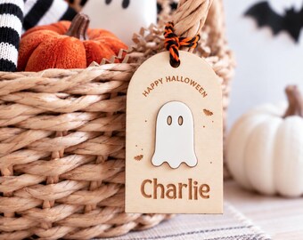 Personalised Halloween Ghost Boo Basket Tag, Kids Name Tag