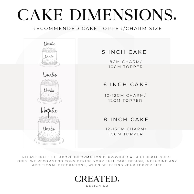 Pode incluir: Gr&aacute;fico branco com o texto "CAKE DIMENSIONS." e recomenda&ccedil;&otilde;es de tamanho do bolo. Inclui medidas para bolos de 5, 6 e 8 polegadas, com tamanhos de pingentes e toppers em cent&iacute;metros. O texto "CREATED. DESIGN CO" est&aacute; na parte inferior.