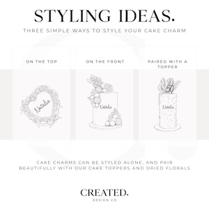 Pode incluir: Desenho a preto e branco mostrando ideias de decora&ccedil;&atilde;o de bolos. O texto diz "STYLING IDEAS" e "THREE SIMPLE WAYS TO STYLE YOUR CAKE CHARM". A imagem mostra bolos com coberturas e amuletos. O texto inclui "ON THE TOP", "ON THE FRONT" e "PAIRED WITH A TOPPER".