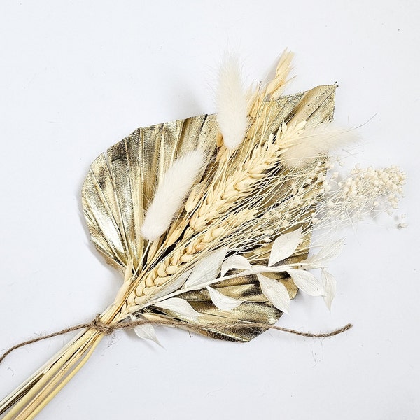 Gold Palm Spear Dried Flowers Cake Topper - Boho Cake Topper - Flores secas para decoración de pasteles - Arreglo floral de topper de pastel