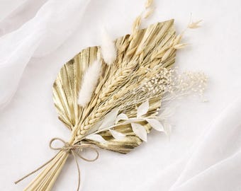 Gold Palm Leaf Cake Topper | Dried Flower Bouquet | Boho Wedding Cake Flowers