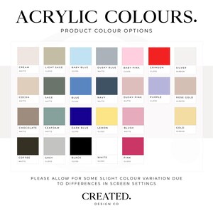 May include: A color chart titled "ACRYLIC COLOURS" with product color options. The chart displays a grid of color swatches, including cream, light sage, baby blue, dusky blue, baby pink, crimson, silver, cocoa, sage, blue, navy, dusky pink, purple, rose gold, chocolate, seafoam, dark blue, lemon, blush, gold, coffee, grey, black, white, and pink.