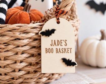 Personalised Bat Boo Basket Tag, Halloween Basket Name Tag