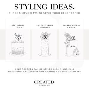 May include: An illustration showcasing cake topper styling ideas. The image displays three cakes with different toppers: a "Mark is 50" topper, a "50" topper with flowers, and a "50" topper with a charm. Text reads "Styling Ideas" and "Created. Design Co."