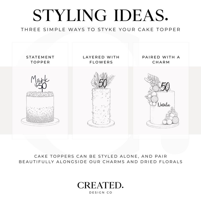 May include: An illustration showcasing cake topper styling ideas. The image displays three cakes with different toppers: a "Mark is 50" topper, a "50" topper with flowers, and a "50" topper with a charm. Text reads "Styling Ideas" and "Created. Design Co."