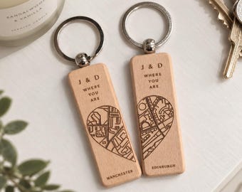Personalised Long Distance Keyrings, Couples Map Set
