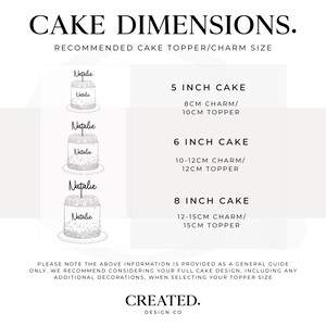 May include: A white graphic with the text "CAKE DIMENSIONS." and cake size recommendations. Includes measurements for 5-inch, 6-inch, and 8-inch cakes, with charm and topper size suggestions in inches and centimeters.