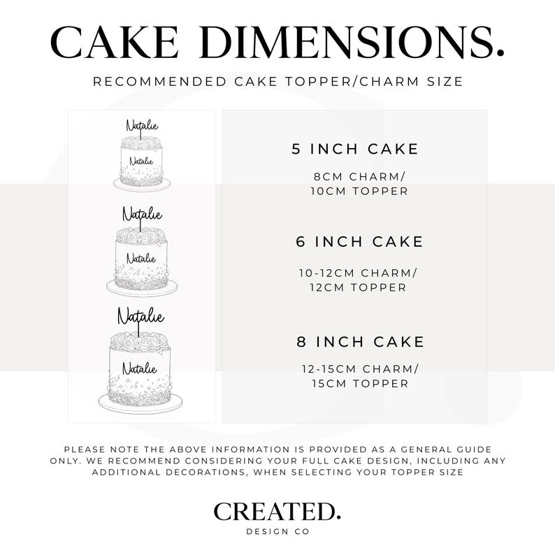 May include: A white graphic with the text "CAKE DIMENSIONS." and cake size recommendations. Includes measurements for 5-inch, 6-inch, and 8-inch cakes, with charm and topper size suggestions in inches and centimeters.