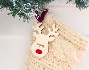 Personalised Rudolph Stocking Tag, Reindeer Christmas Name Decoration