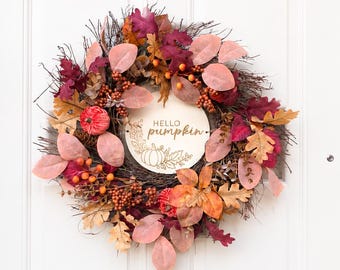 Hello Pumpkin Autumn Wreath Sign, Wooden Fall Door Decoration