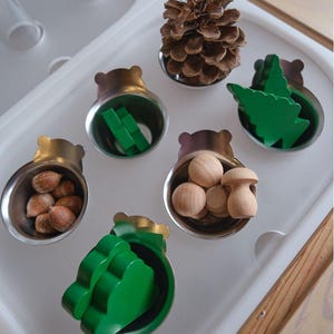 May include: A white tray with six small stainless steel bowls with bear-shaped handles. Each bowl contains a different set of small wooden objects, including a pine cone, green wooden shapes, hazelnuts, and small wooden mushrooms.