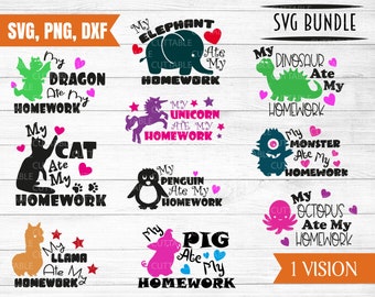 homework dog birthday Back to School bundle, 10 SVGs, My Dinosaur ate my homework, my Unicorn ate my Homework cut file, DIY SVGs, silhouette cut file, svg,dxf,png