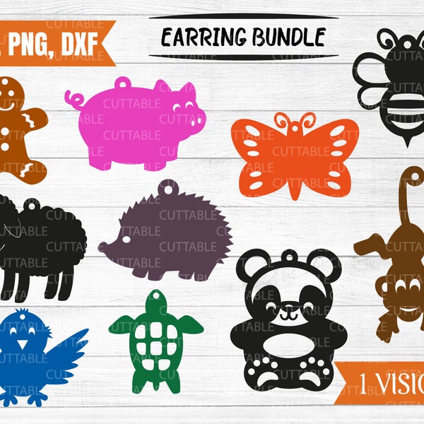 Animal earring bundle SVGs, 10 cut files, animal decorations, Gingerbreadman, pig, butterfly, bee, sheep, hedgehog, monkey,bird,turtle,panda