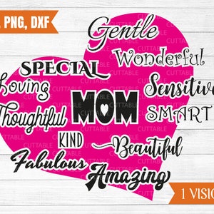 Happy Mother's Day SVG, moeder gesneden bestand, hart, geweldige moeder svg, zachte, liefdevolle, doordachte, slimme, commerciële gebruik, silhouet, svg, dxf, png