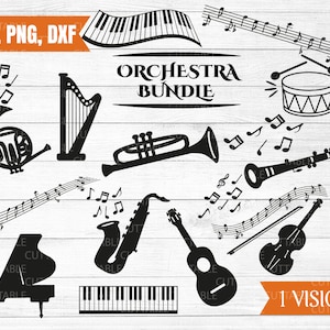 Orkest SVG bundel, instrumenten en notities gesneden bestanden, piano, saxofoon, gitaar, viool, hoorn, trommel, harp, klarinet svgs, silhouet, svg, dxf, png
